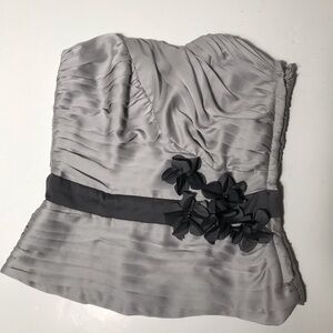 H&M Strapless Ruching Satin Top in Light Gray with Charcoal Floral Trim